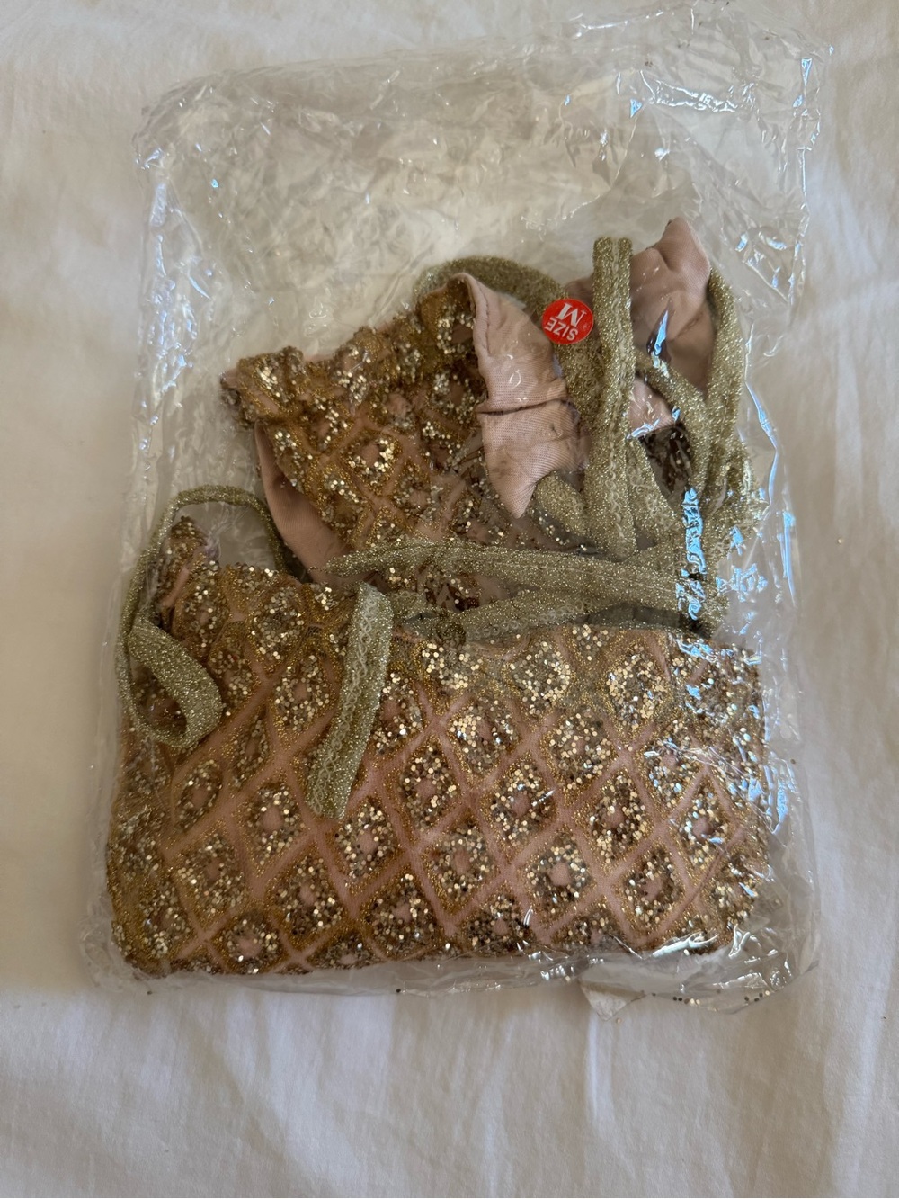 New SHEIN Pink and Gold Glitter Tie Triangle Bikini size M - Picture 4 of 5